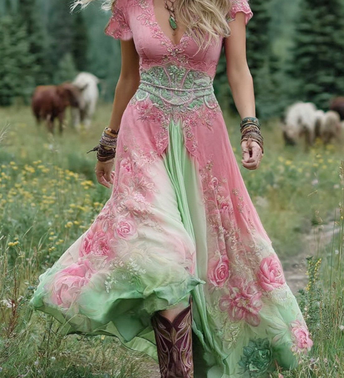 Serena - Robe Maxi Courte Fleurie