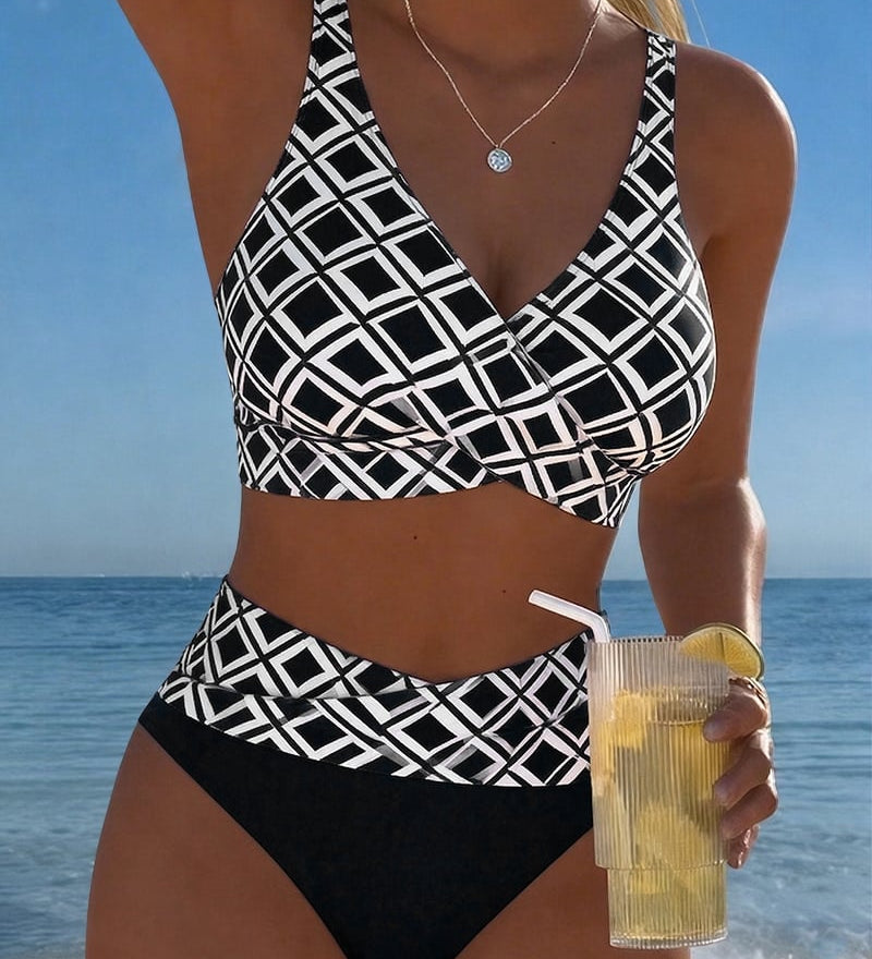 Sara - Bikini Deux Pièces avec Soutien-Gorge en Découpe et Motif Diamant