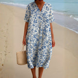 Magnolia - Robe en Ivoire Ornée de Accents Floraux en Bleu Porcelaine