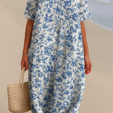 Magnolia - Robe en Ivoire Ornée de Accents Floraux en Bleu Porcelaine