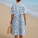 Magnolia - Robe en Ivoire Ornée de Accents Floraux en Bleu Porcelaine