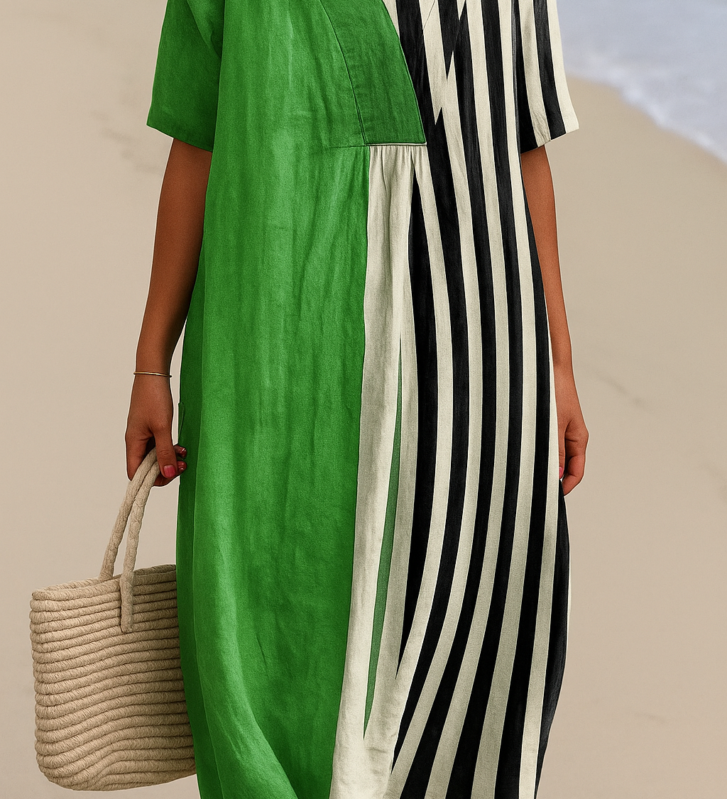 Noémia - Robe Verte Vibrante avec Rayures Noires