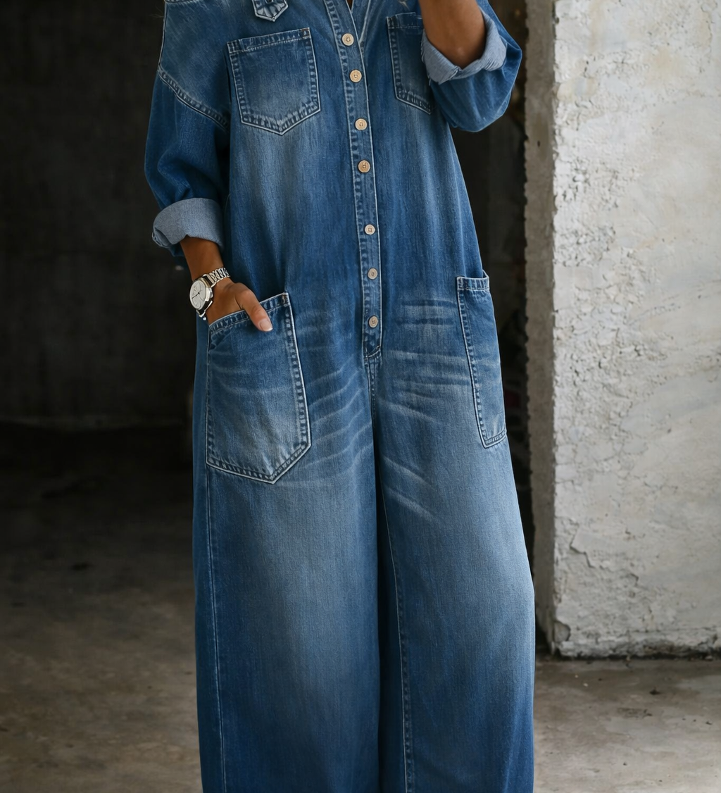 Florence - Combinaison en Denim avec Épaules Dégagées