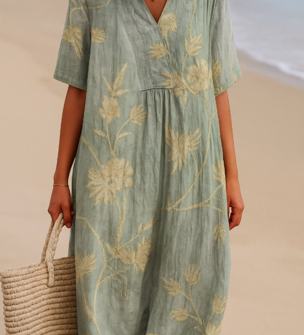 Clementina - Robe Bleu-Gris avec Broderie Florale