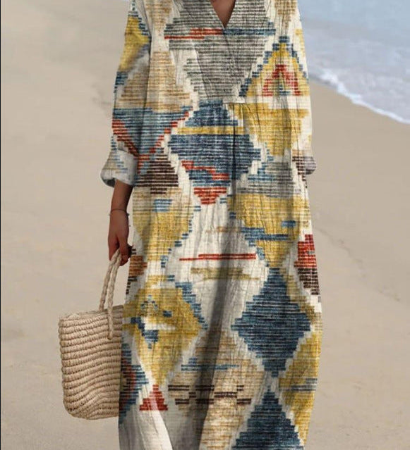 Cátia - Robe Inspirée du Bohème avec Impressions Ethniques