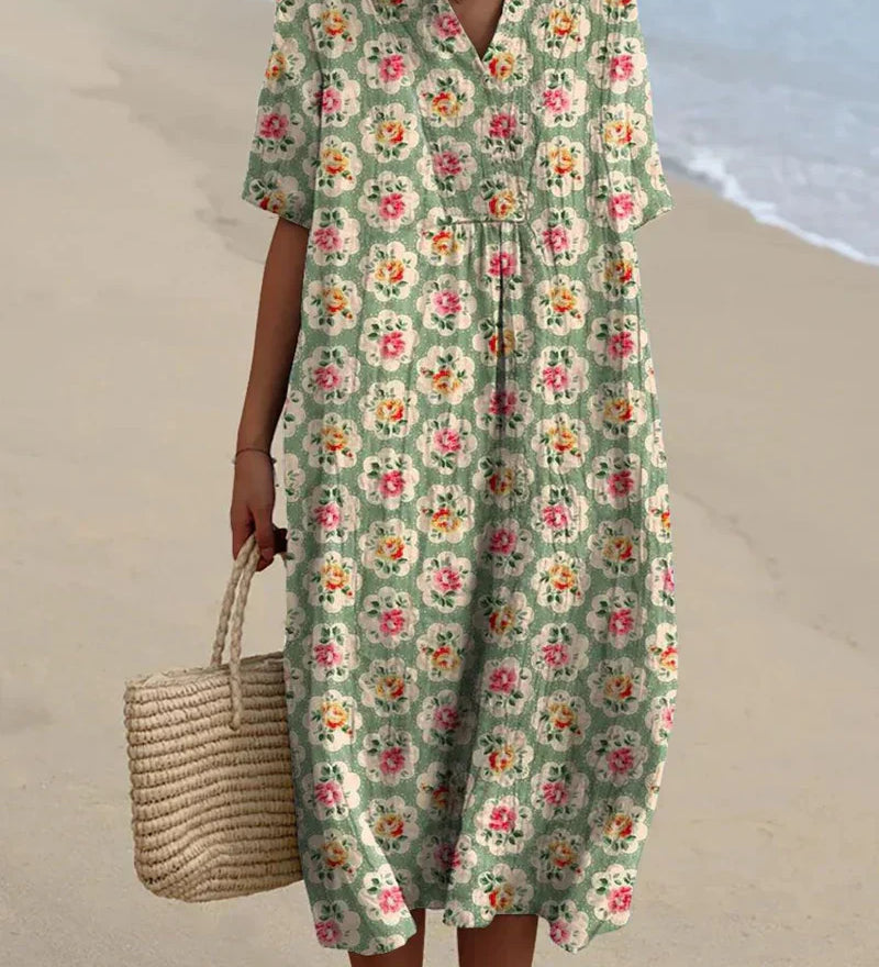 Eulállia - Robe Florale Rétro en Vert d'Eau